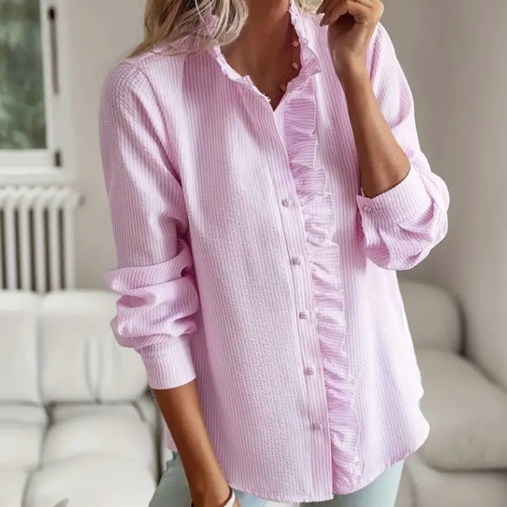 🔵 Pink & White Striped, Long Sleeve, Ruffle Trim, Buttoned Blouse - Picture 6 of 15